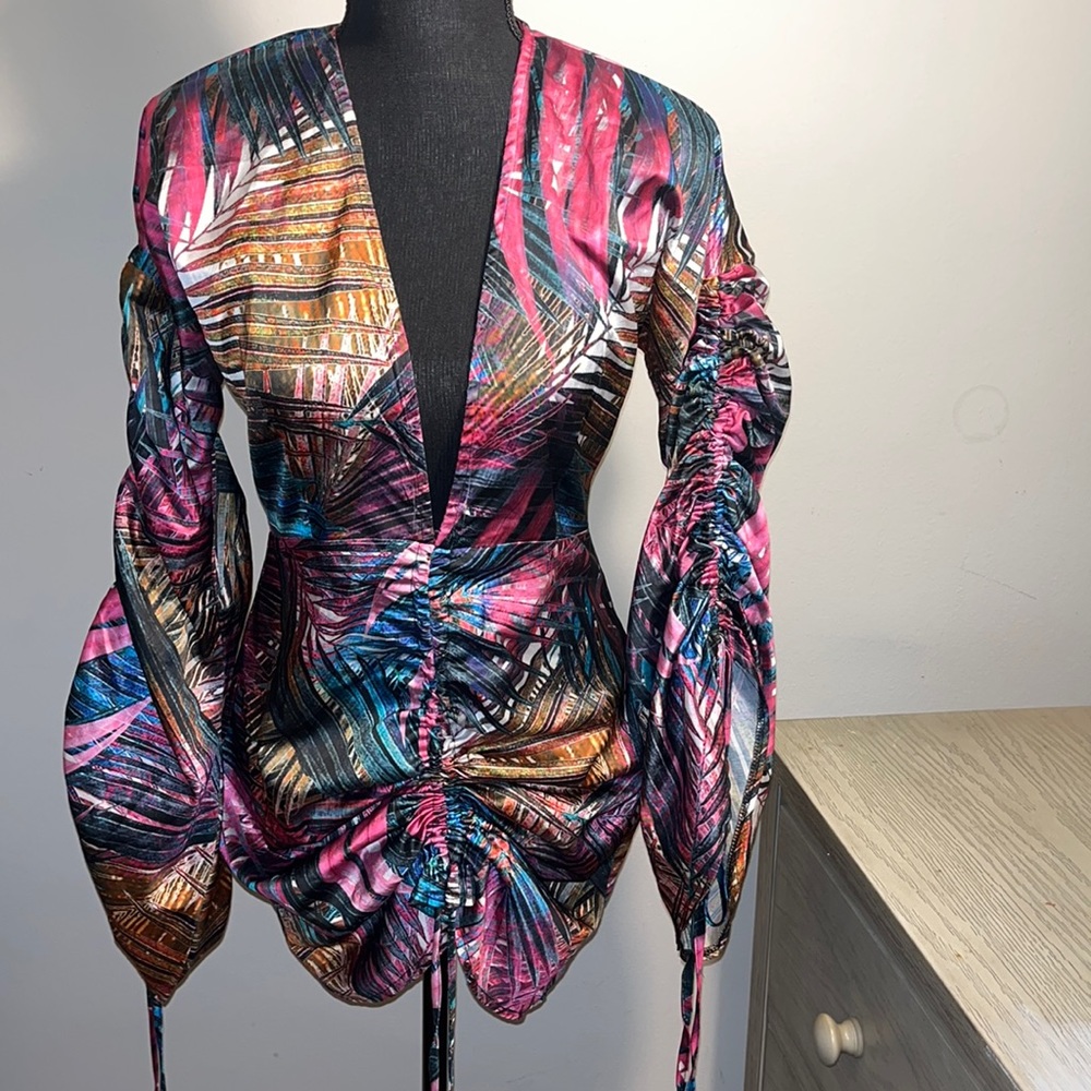 Multi color Ruched dress with Deep V Neck